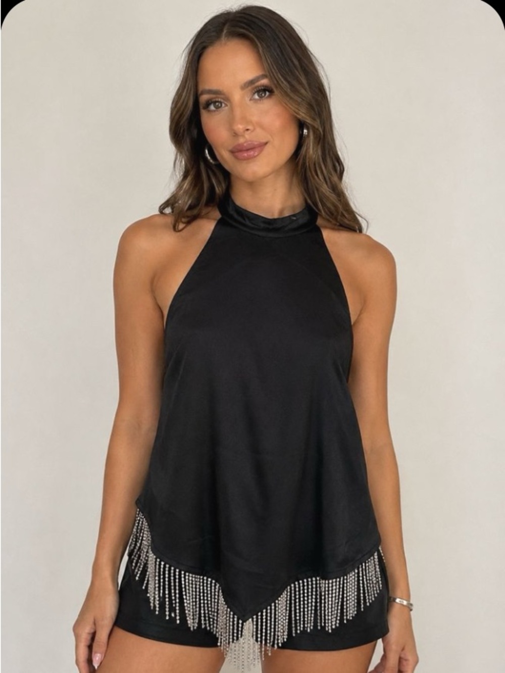 Black Halter Tank Top with Rhinestone Fringe by Blue P